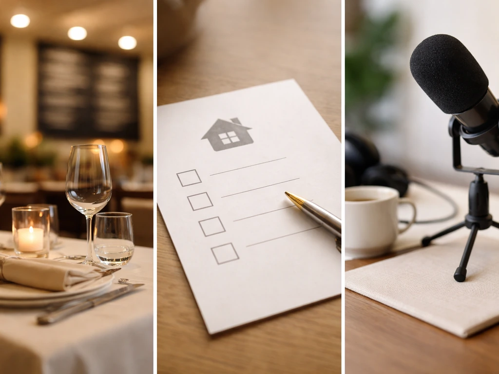 Minimal collage of premium menu board, real-estate checklist, and podcast desk objects signaling wealth proxies.