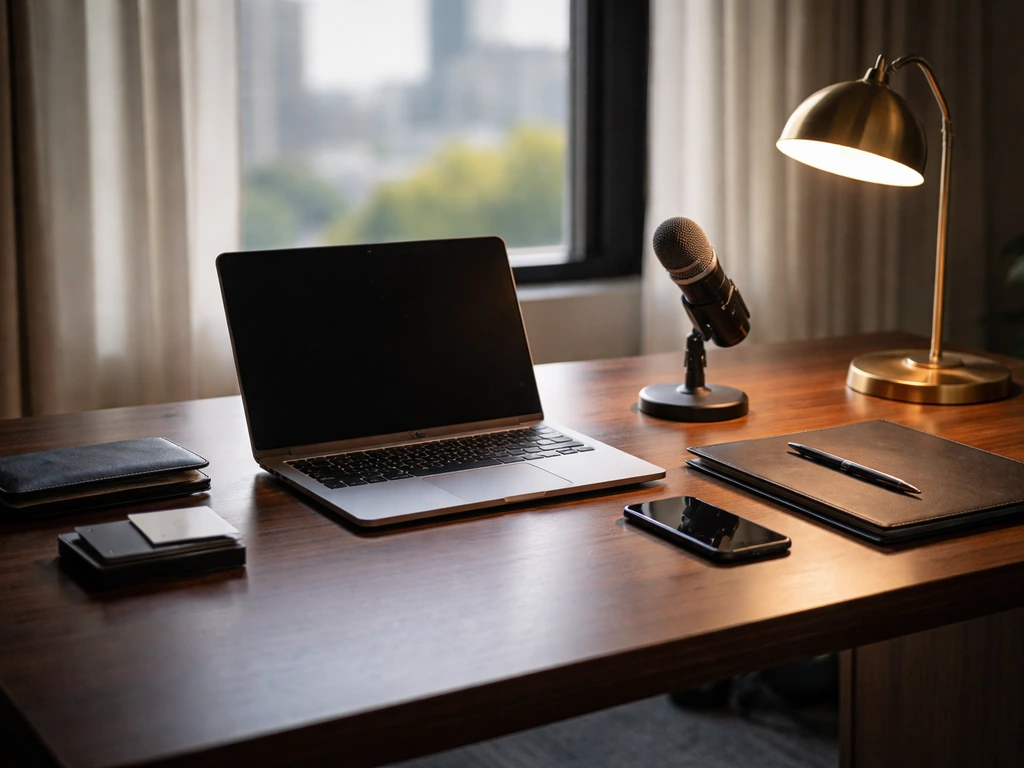 Minimal executive desk with laptop and microphone, symbolic business and wealth theme in daylight.