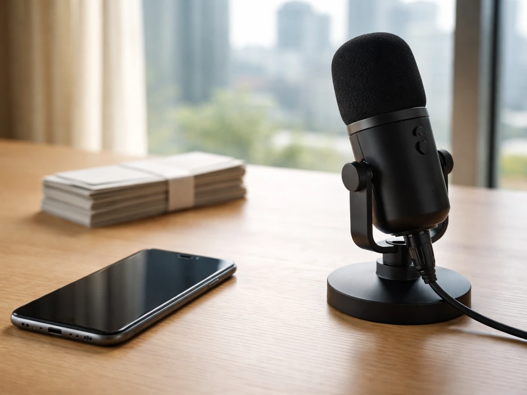 Minimal creator desk scene with a podcast microphone and money envelopes beside a dark smartphone.