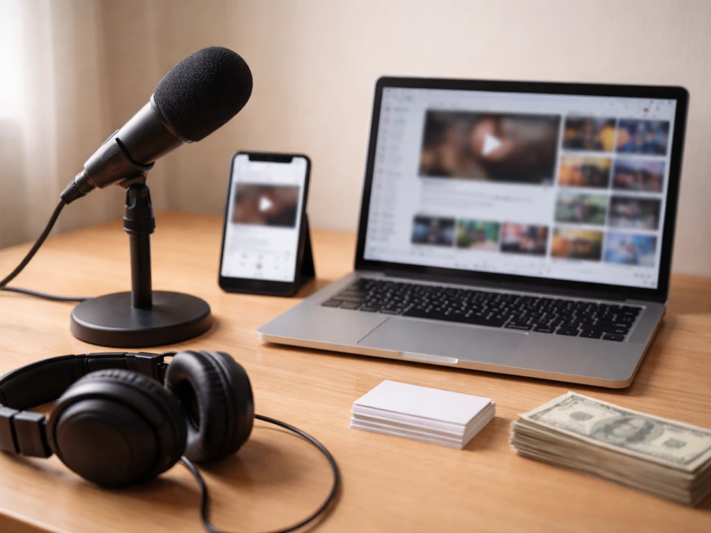 Minimal media studio desk setup with microphone and phone/laptop suggesting identity verification.