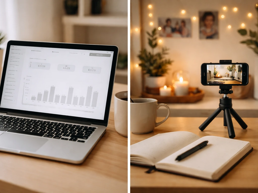 Split-scene montage of a laptop analytics view and a cozy family blogging setup with warm lights