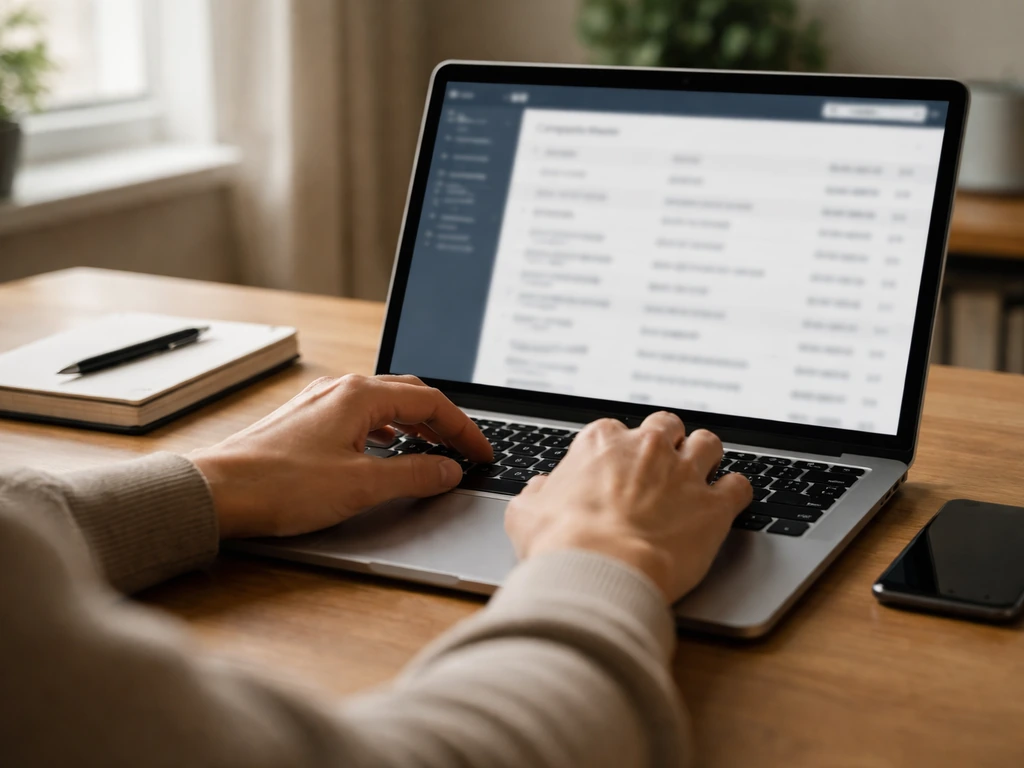 Anonymous hands reviewing a blurred Companies House filings page on a laptop in a home office.