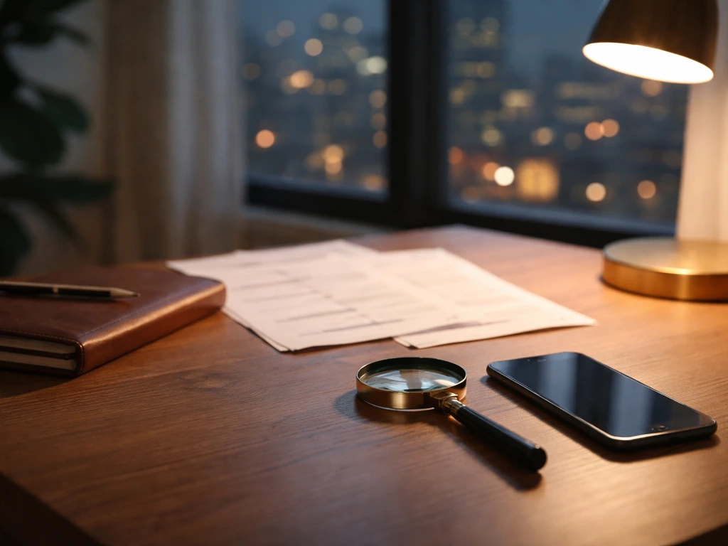 Minimal desk scene with scattered documents, a notebook, and a glowing city skyline through a window