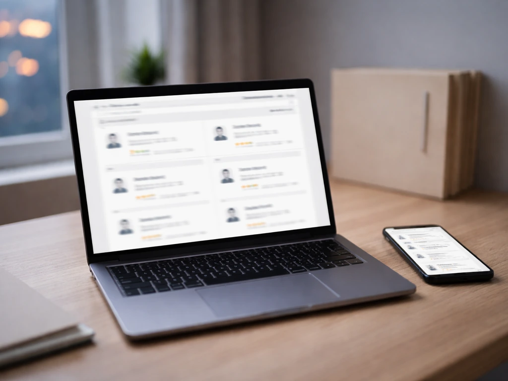 Laptop and phone on a desk with blurred broker verification page layout, symbolizing checking financial credentials.