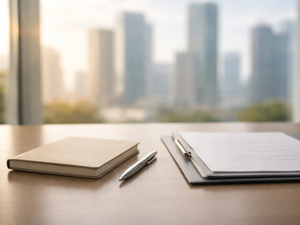 Minimal office scene with a notebook and blurred city skyline, symbolizing regulated finance career milestones.