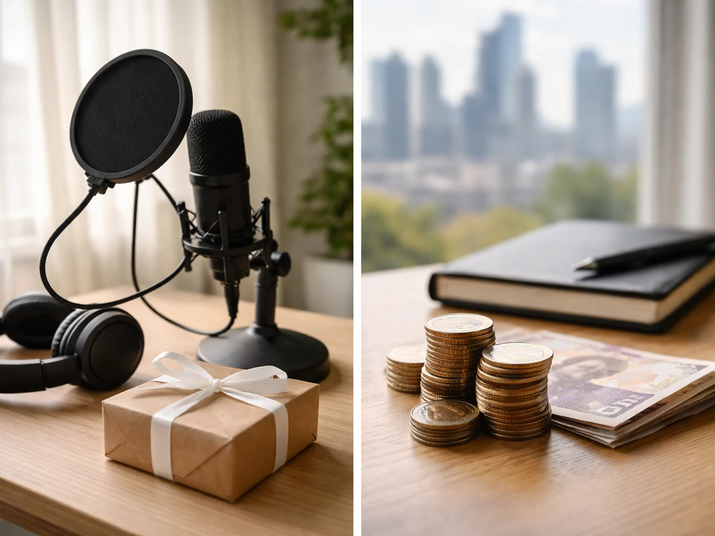 Two-panel photo: creator studio microphone and a desk with coins and blurred city view, no text.