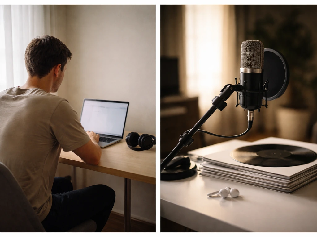 Split-screen style photo showing an anonymous man at a desk and a stylized music label vibe side by side