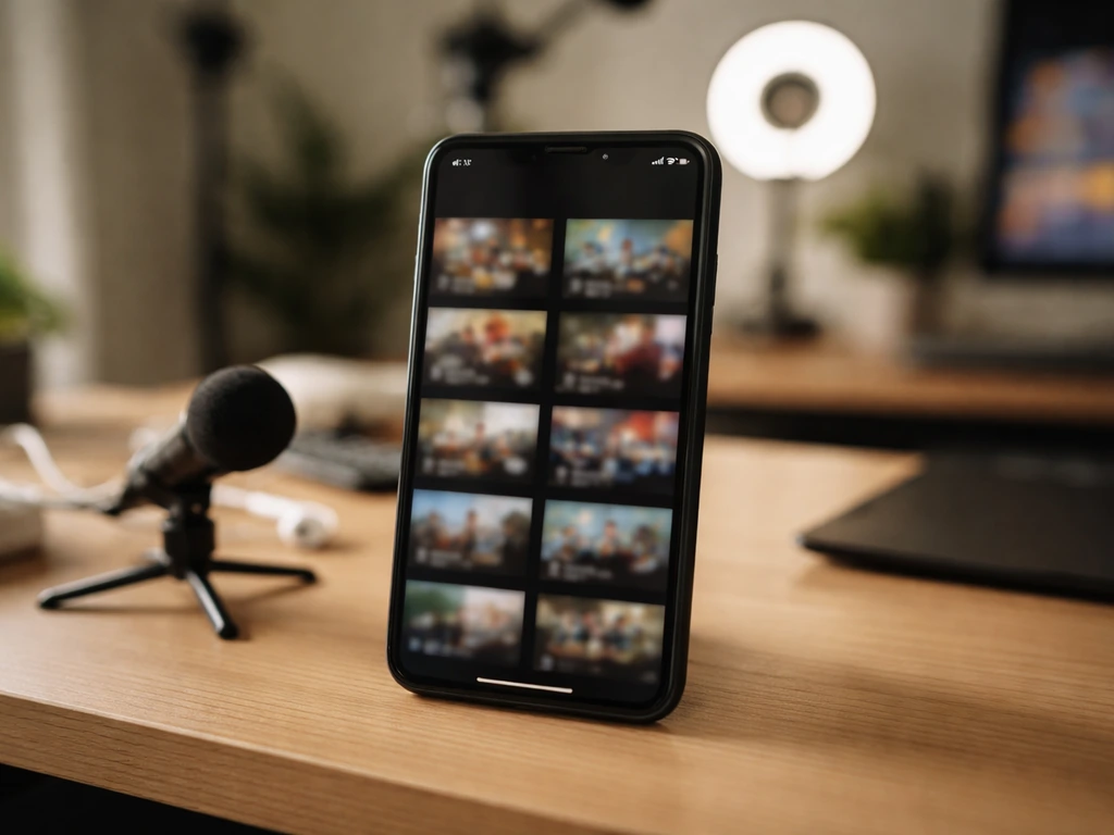Close-up of a smartphone showing a generic video thumbnail grid in a quiet home office