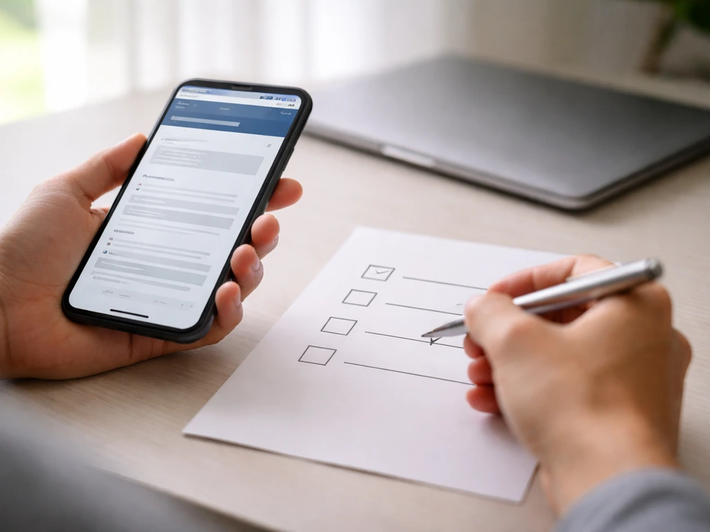 Hands marking a simple checklist while using a smartphone to look up filed business records online.