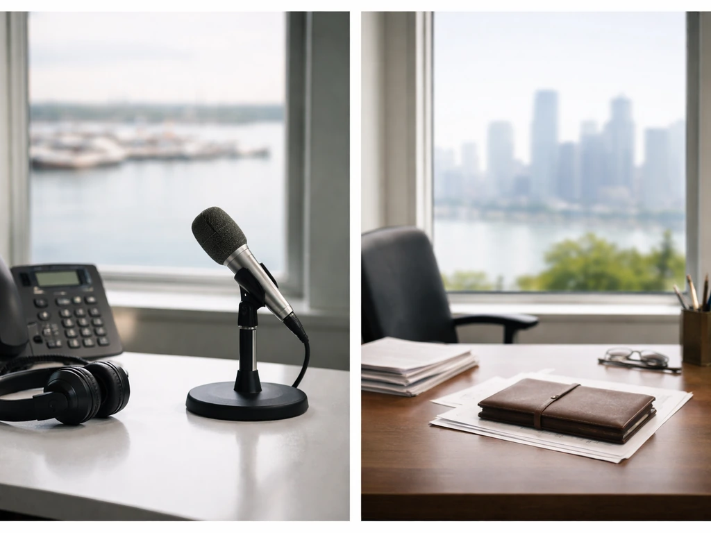 Two-panel news collage showing maritime media setup on the left and finance desk with city view on the right.