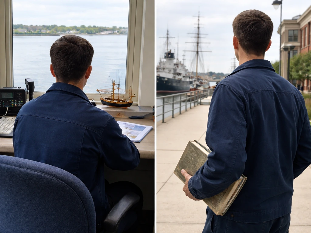 Two-panel photo showing an office desk with maritime theme and a separate academic campus scene for identification