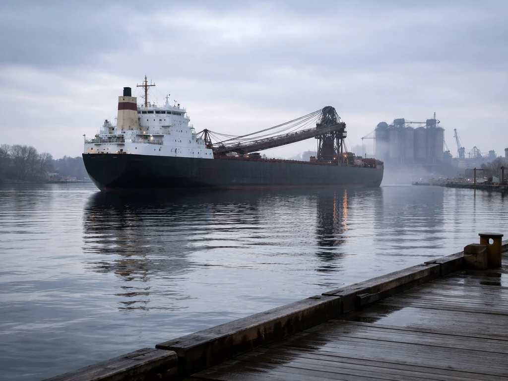 Bulk cargo ship docked at a Great Lakes port with calm water and industrial shoreline in soft focus.