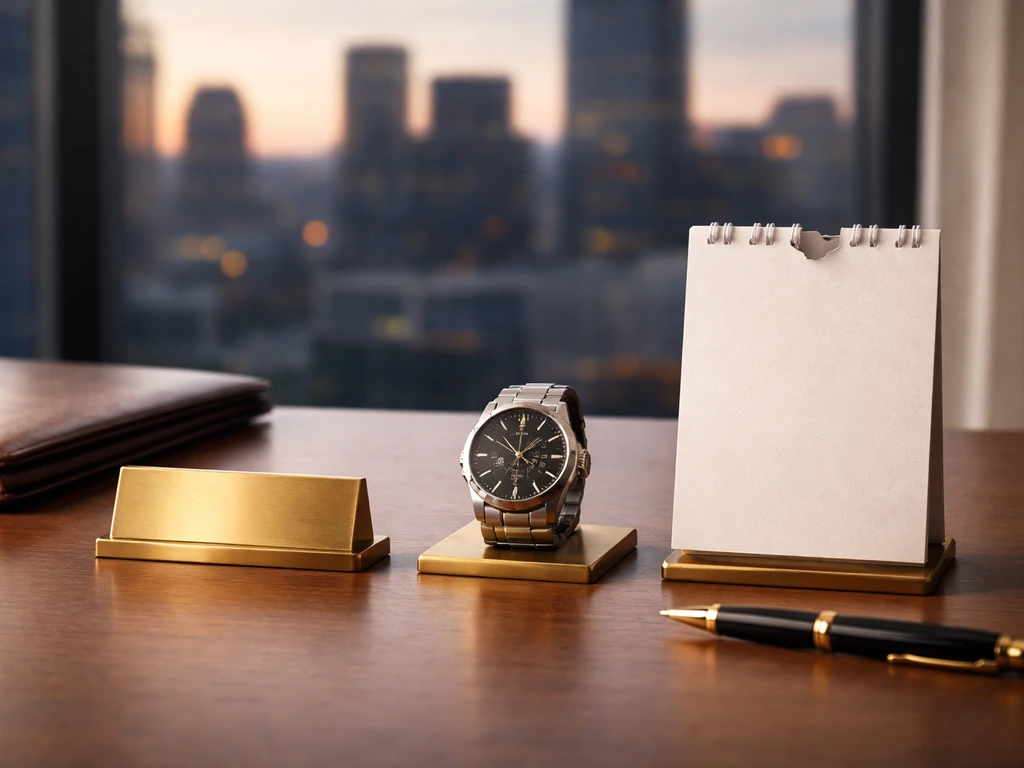 Minimal timeline-style milestones with a finance notebook, pen, and blurred city skyline in the background.