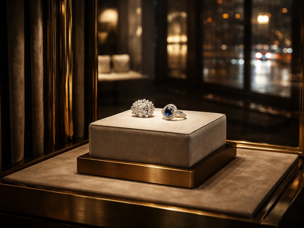 Luxury jewelry boutique display with gemstones and a subtle NYC-inspired atmosphere, symbolizing high-end DTC wealth.