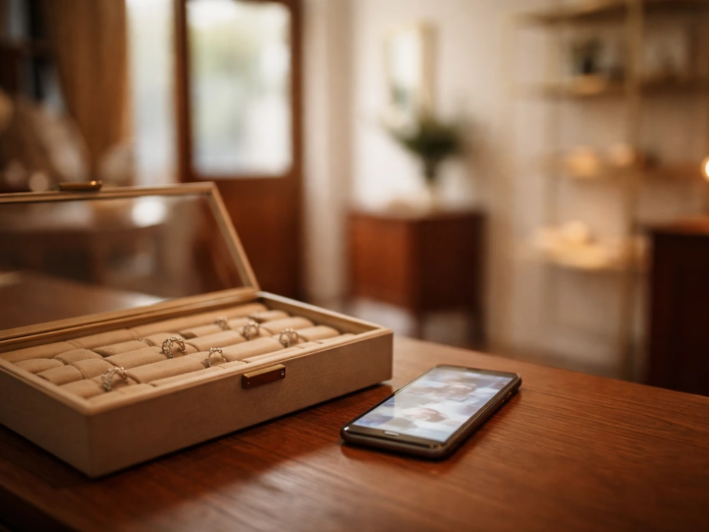 Minimal close-up of a jewelry shop counter with smartphone showing social selling vibe and warm light