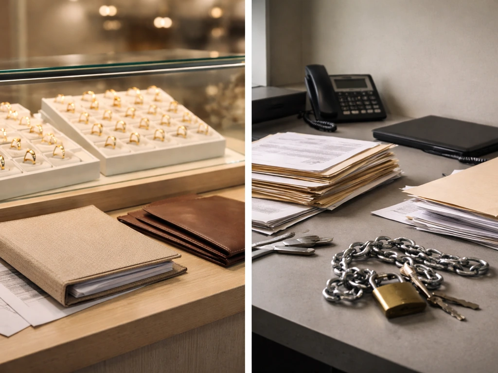 Minimal photo split between jewelry assets and business liabilities items on a desk.