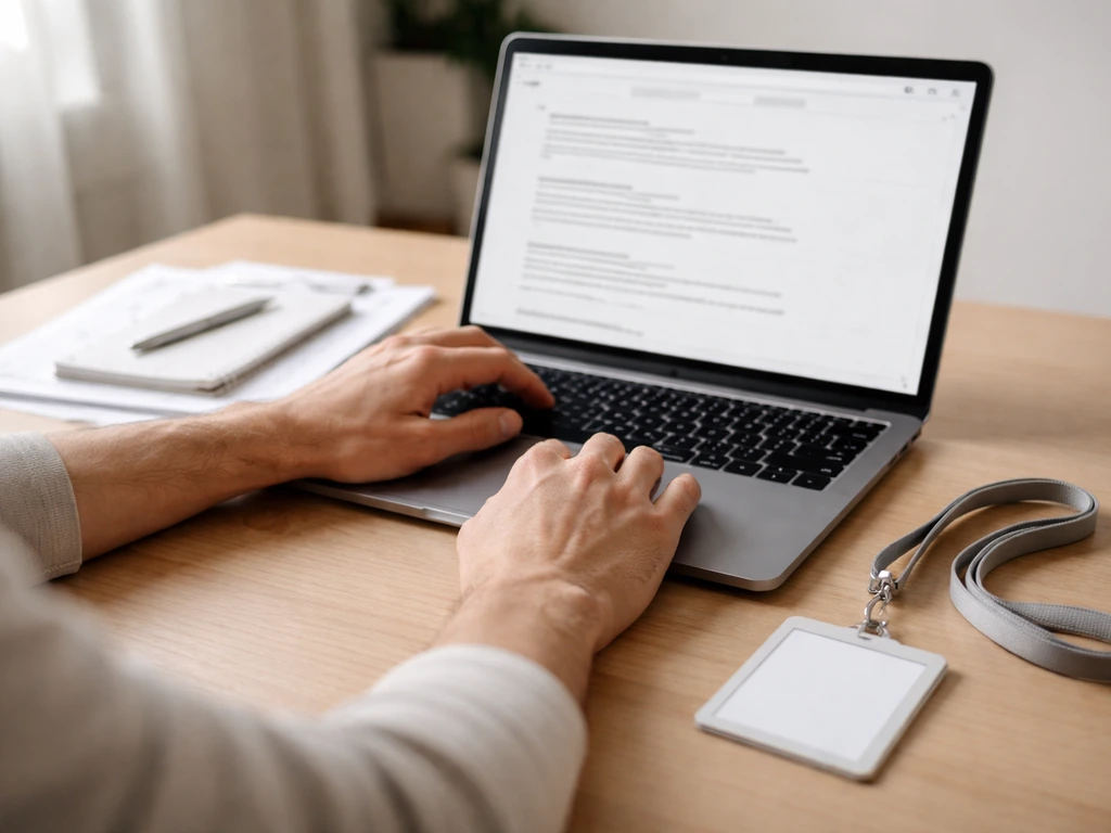 Person at desk comparing documents and an online profile on a laptop, symbolic identity verification