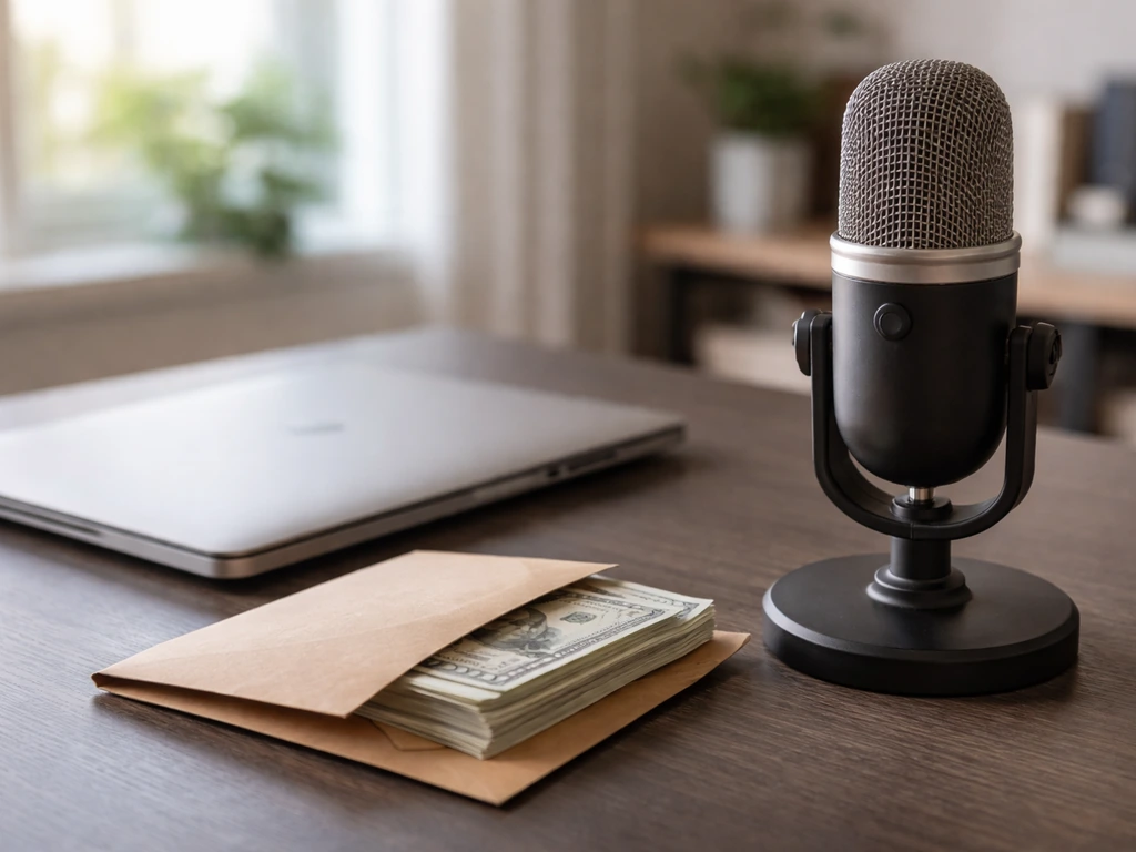 Minimal finance-themed scene with a laptop, cash envelope, and microphone on a tidy desk
