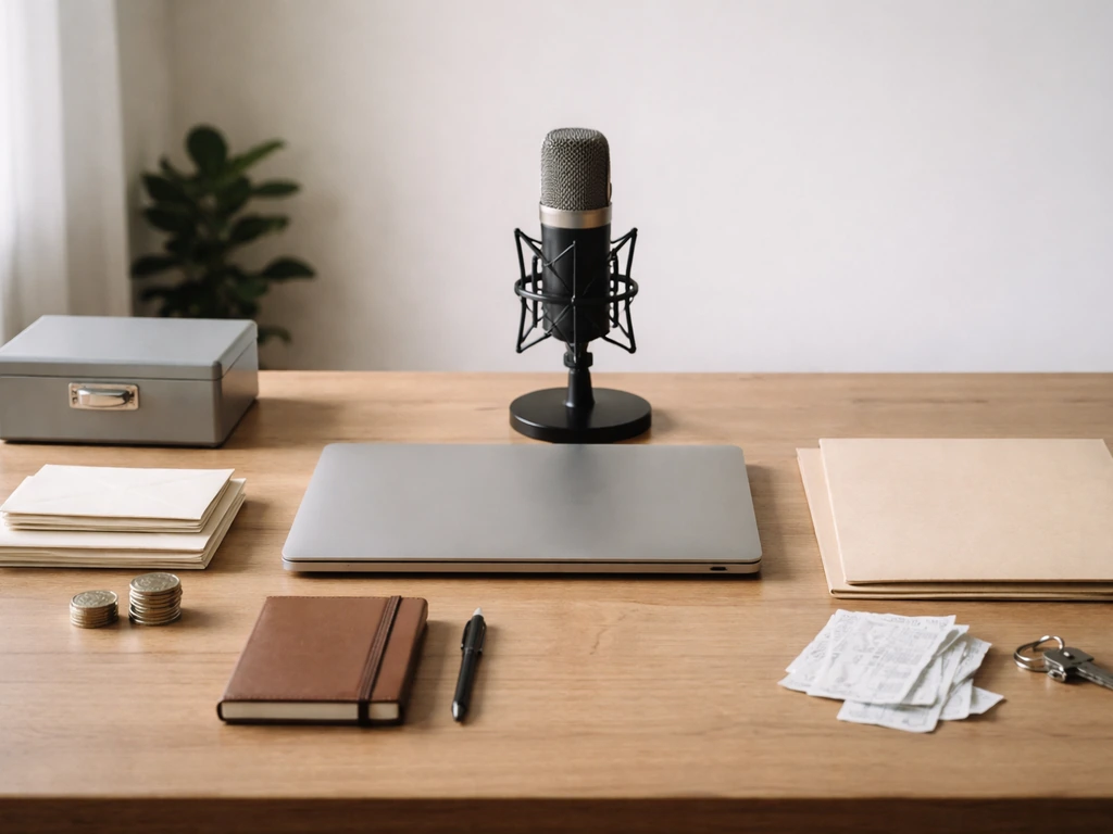 Minimal home office desk split into asset and liability cues with microphone, coins, receipts, and cash box.