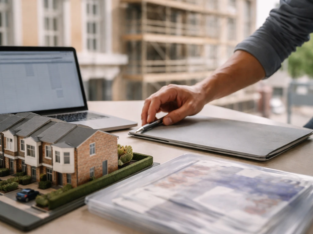Anonymous hands work on property development documents and a townhouse model under natural light.
