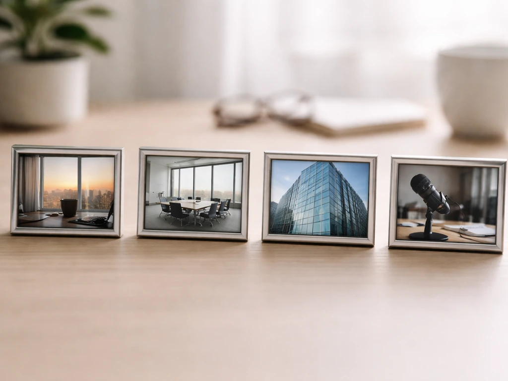 Four generic business images in small frames on a desk, suggesting different people with the same name.
