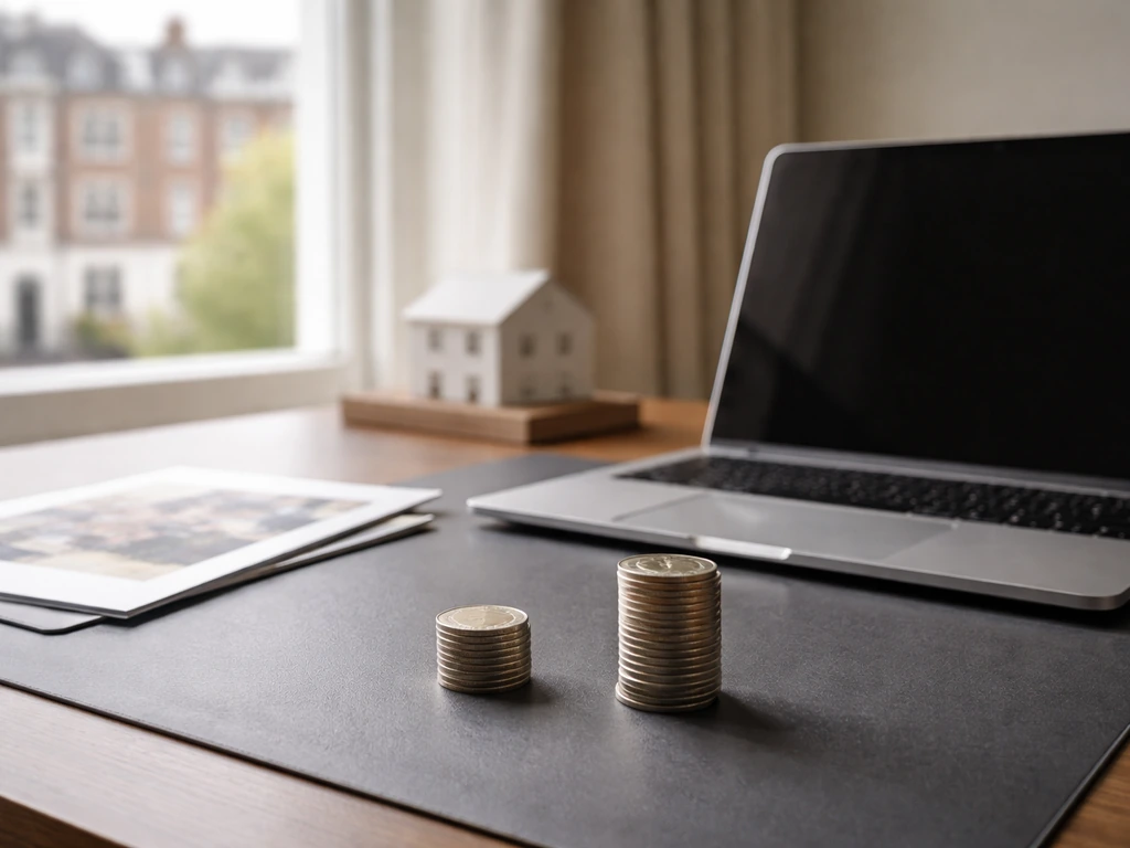 Minimal UK property office desk with laptop, coin stacks suggesting a money range, and blurred city buildings.