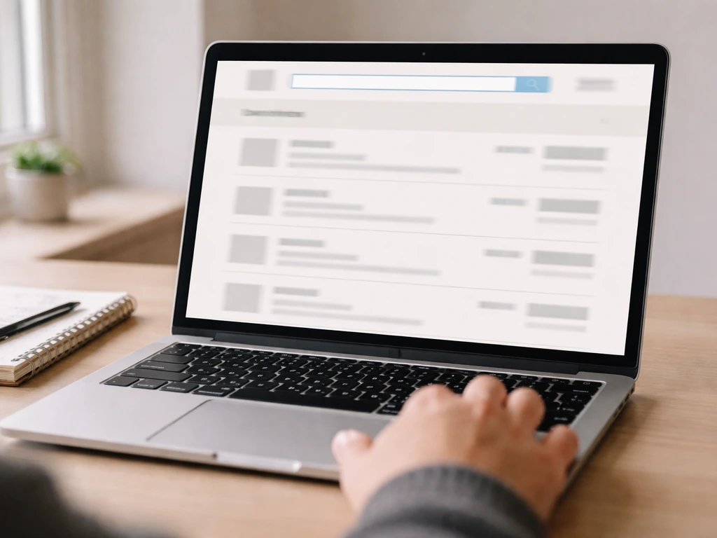 Close-up of a laptop showing blurred company-search and filings list layout with a hand nearby.
