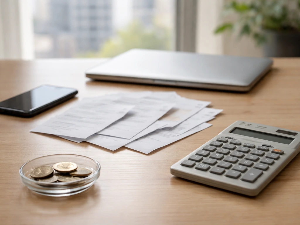 Minimal photo of a quiet office desk with a calculator and documents, symbolizing net-worth research