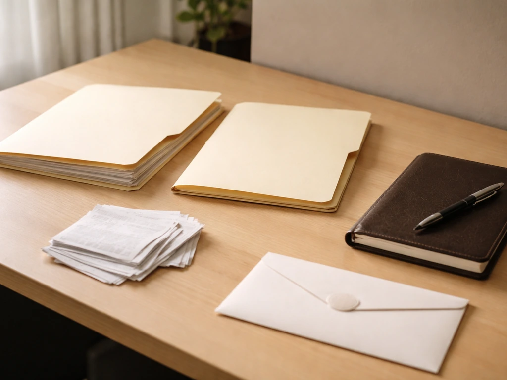 Minimal photo of two blurred file folders and a bank ledger on a desk, suggesting public-record context disambiguation