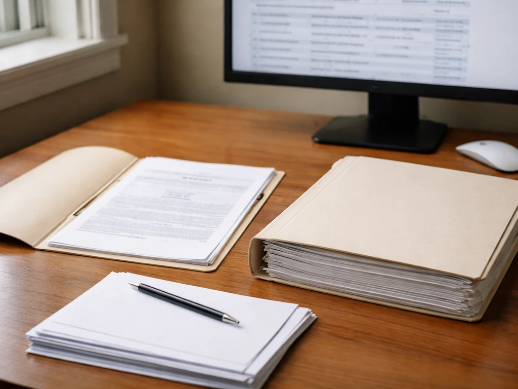 Minimal desk with generic SEC and court document folders and a blurred property-records screen.