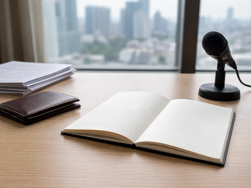 Minimal office desk with papers, wallet, and microphone, suggesting due diligence and known vs unknown.