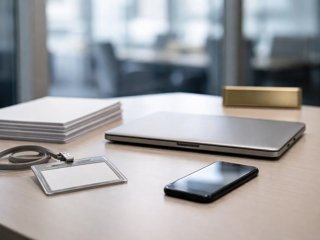 Minimal financial desk scene with blank documents, blurred phone screen, and an empty ID badge holder.