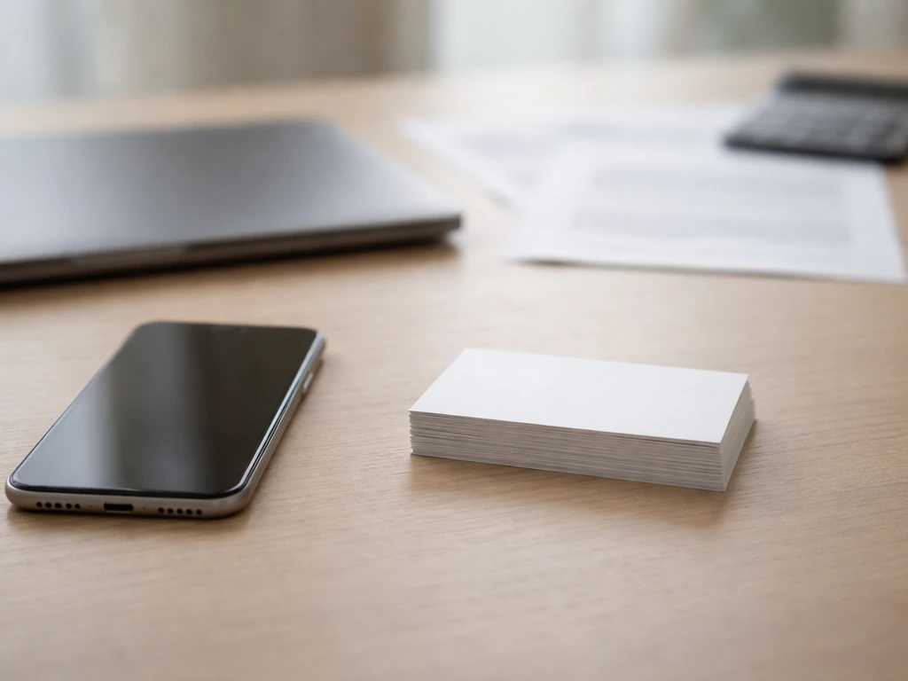 Minimal desk scene with phone and blank business cards, symbolizing comparing different financial profiles