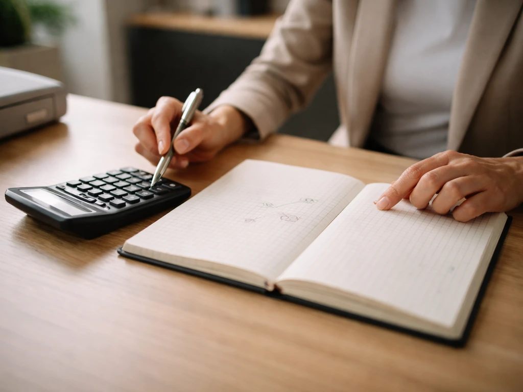 Close-up of a financial professional’s desk with planner, calculator, and a simple percentage notebook page.