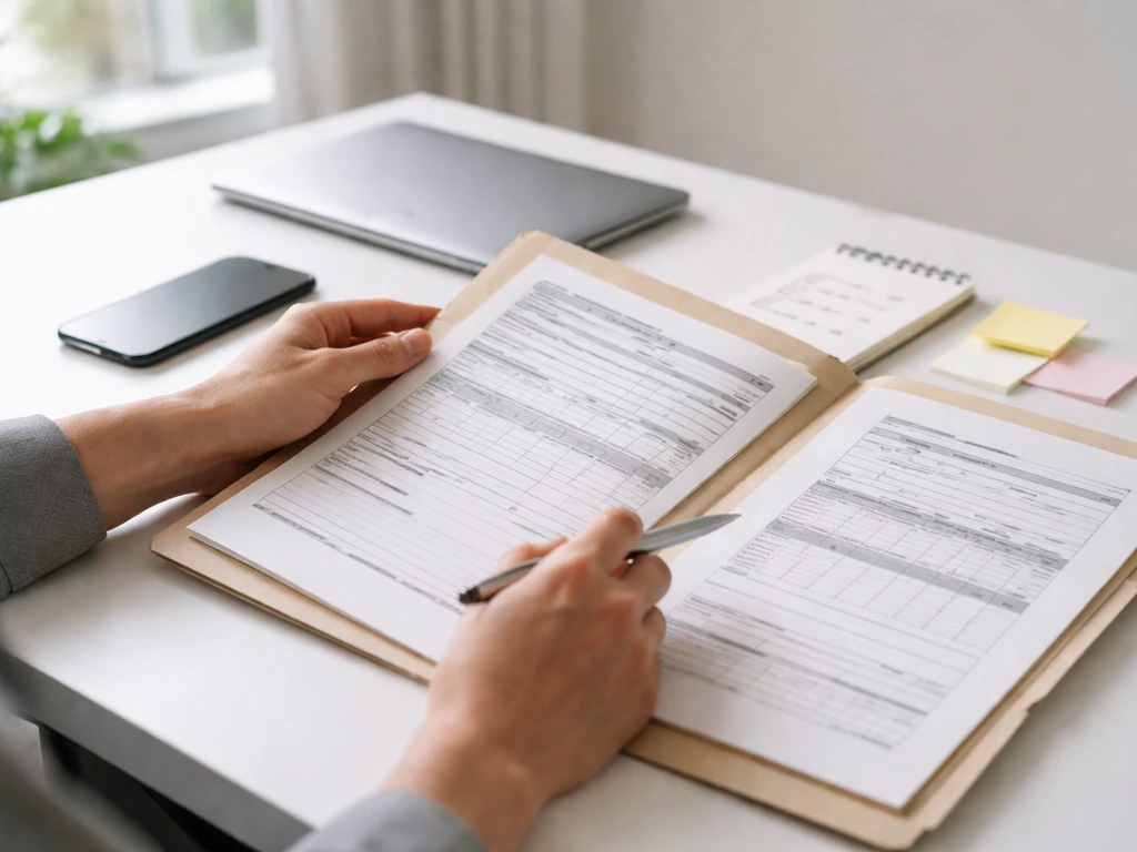Person reviewing finance verification items on a desk with phone and laptop showing checklists
