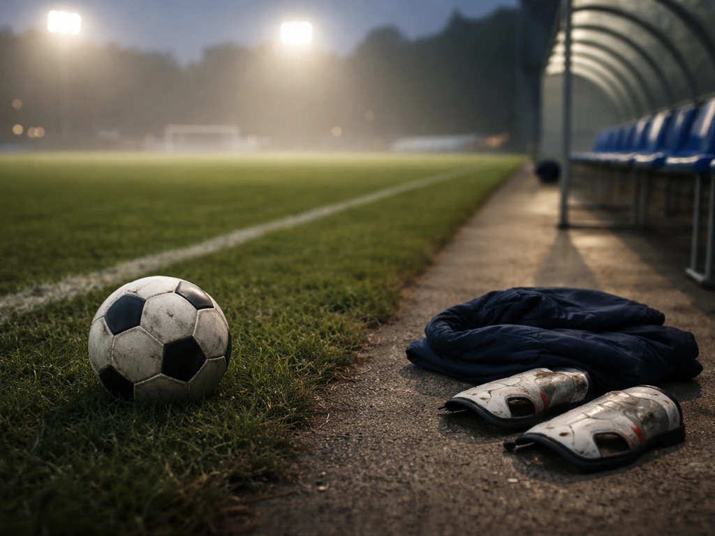 Empty football pitch with a ball and training gear near the touchline at dusk for sports disambiguation.