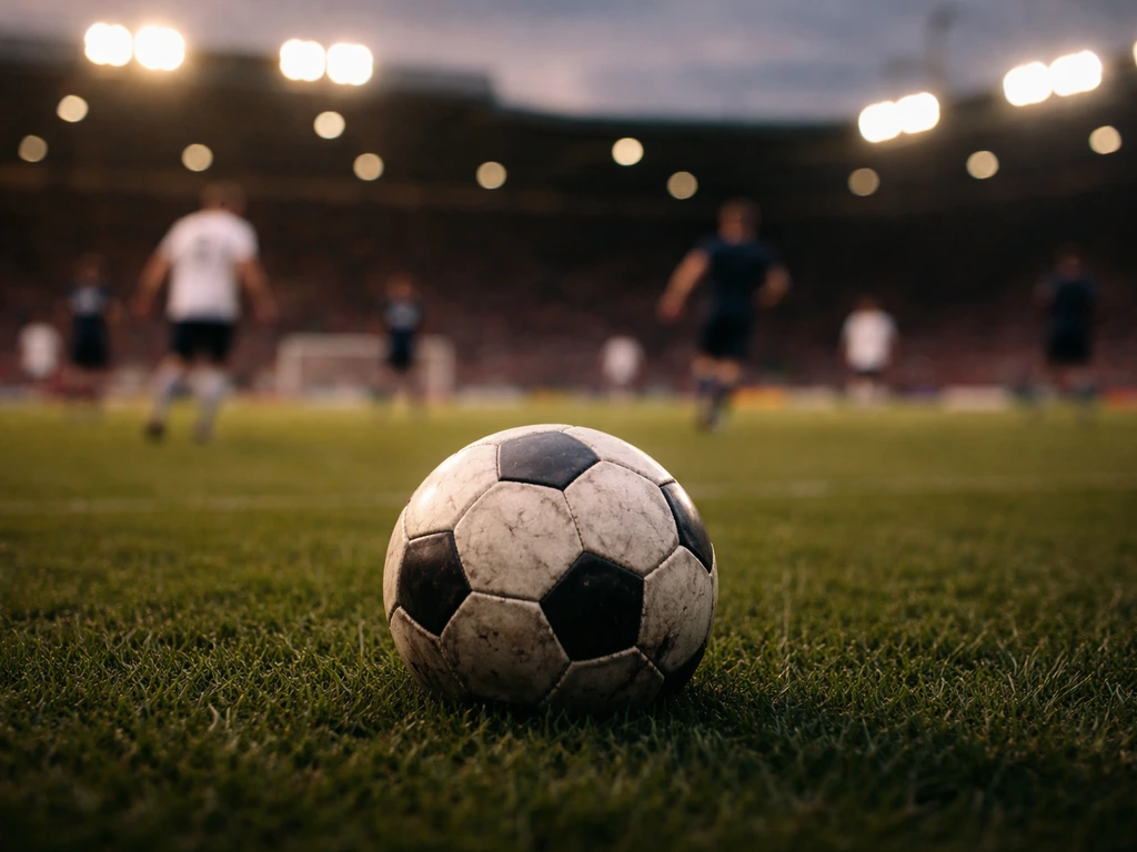 Worn football on the pitch with blurred stadium lights, symbolizing a Premier League career moment.