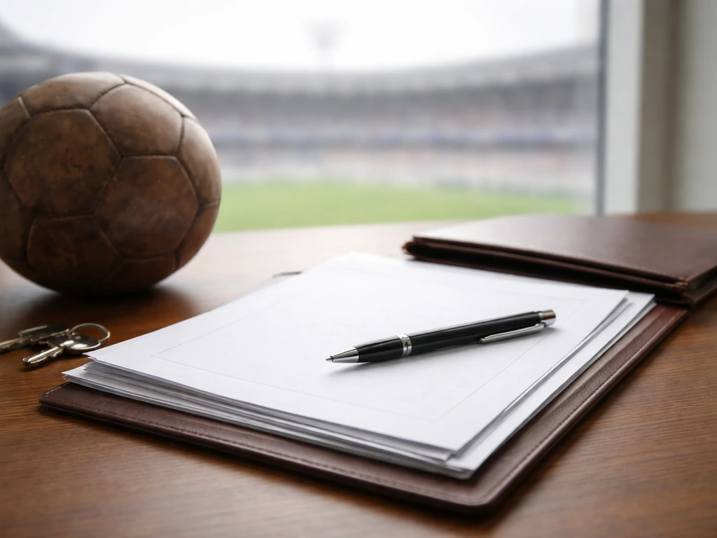 Close-up of football transfer record papers and a pen on a desk with a blurred stadium in the background