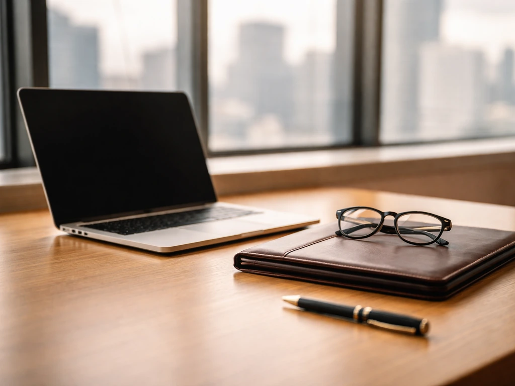 Quiet office desk with a professional portfolio, laptop, and a subtle wealth-themed background.