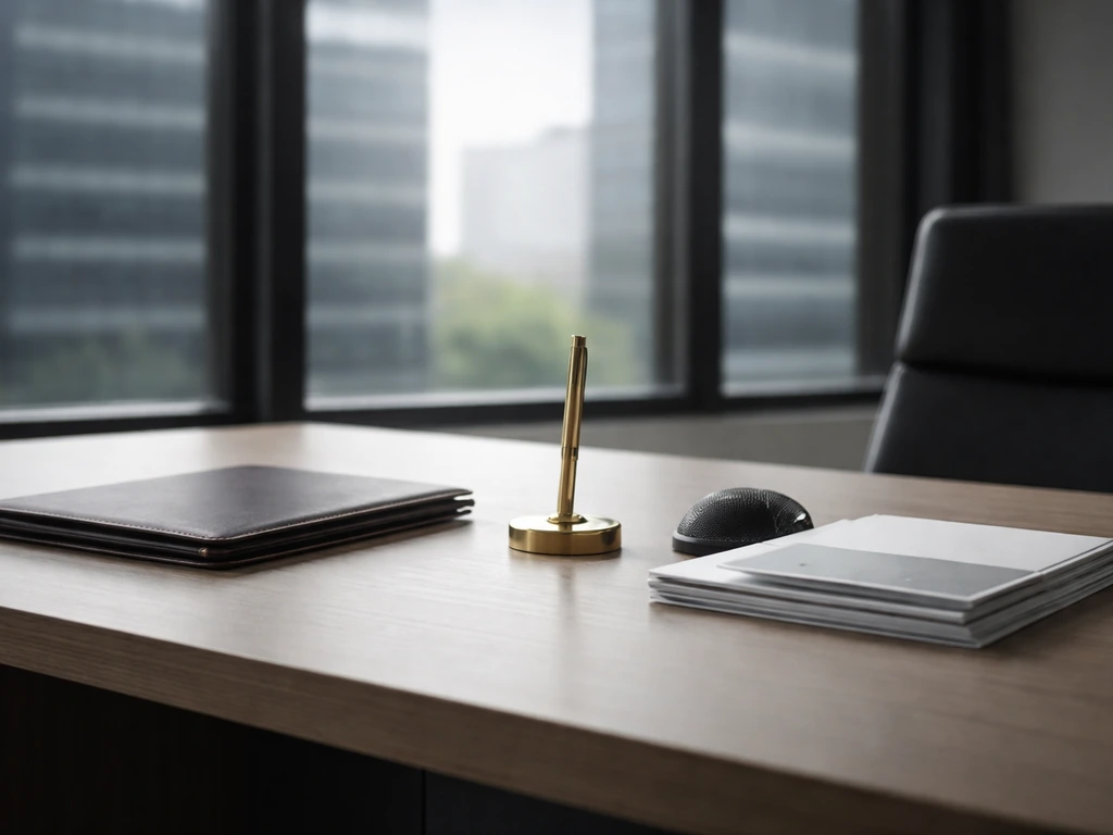 Empty finance office desk with portfolio and microphone, corporate city view outside the window.