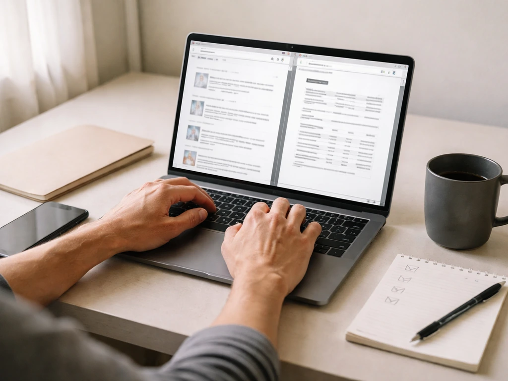 Hands check laptop sources for financial updates, with a phone and blank notepad on a quiet desk.