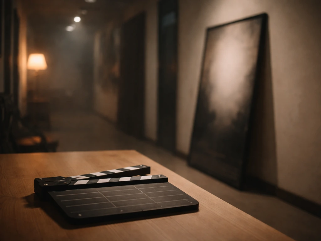 Minimal film studio scene with a clapperboard on a wooden table and a blank poster in warm light.