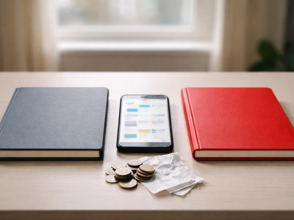 Minimal desk scene with two contrasting folders, blurred finance screen, and coins symbolizing differing net-worth estim
