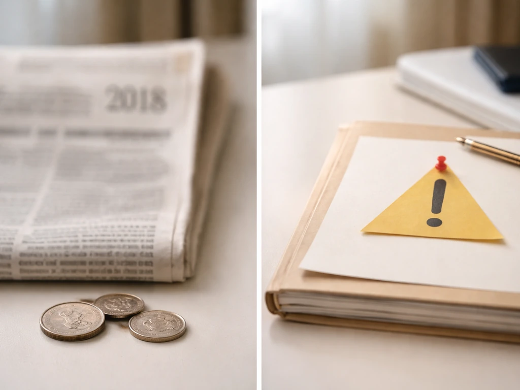 Blurred newspaper texture and unlabeled folder on a desk with coins, suggesting coverage vs missing disclosure.