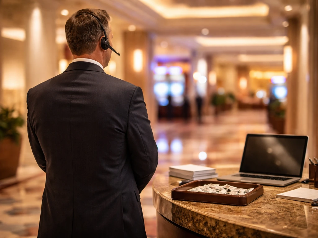 Anonymous casino operations executive in a Las Vegas resort corridor with ambient lights, no readable text.