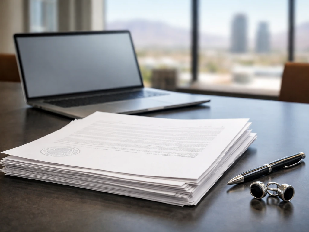 Close-up of anonymous executive disclosure documents on a desk with a pen and blurred business office background.