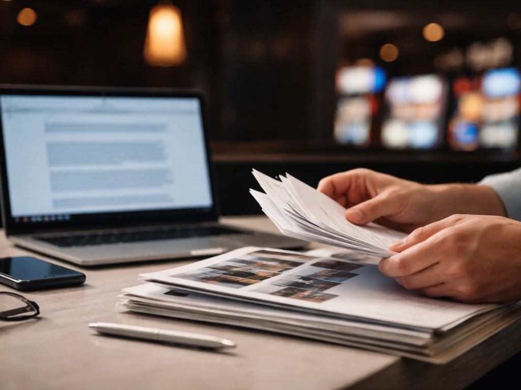 Anonymous hands reviewing documents and blurred filing references on a desk in a softly lit casino setting.