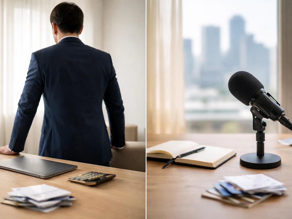Two-panel collage: anonymous office desk with calculator and a studio mic, symbolizing multiple Mark Baileys