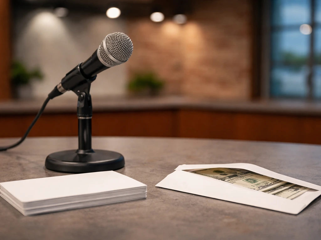 Indiana-style TV studio desk with microphone and cash envelope symbolism for identifying the right Mark Patrick