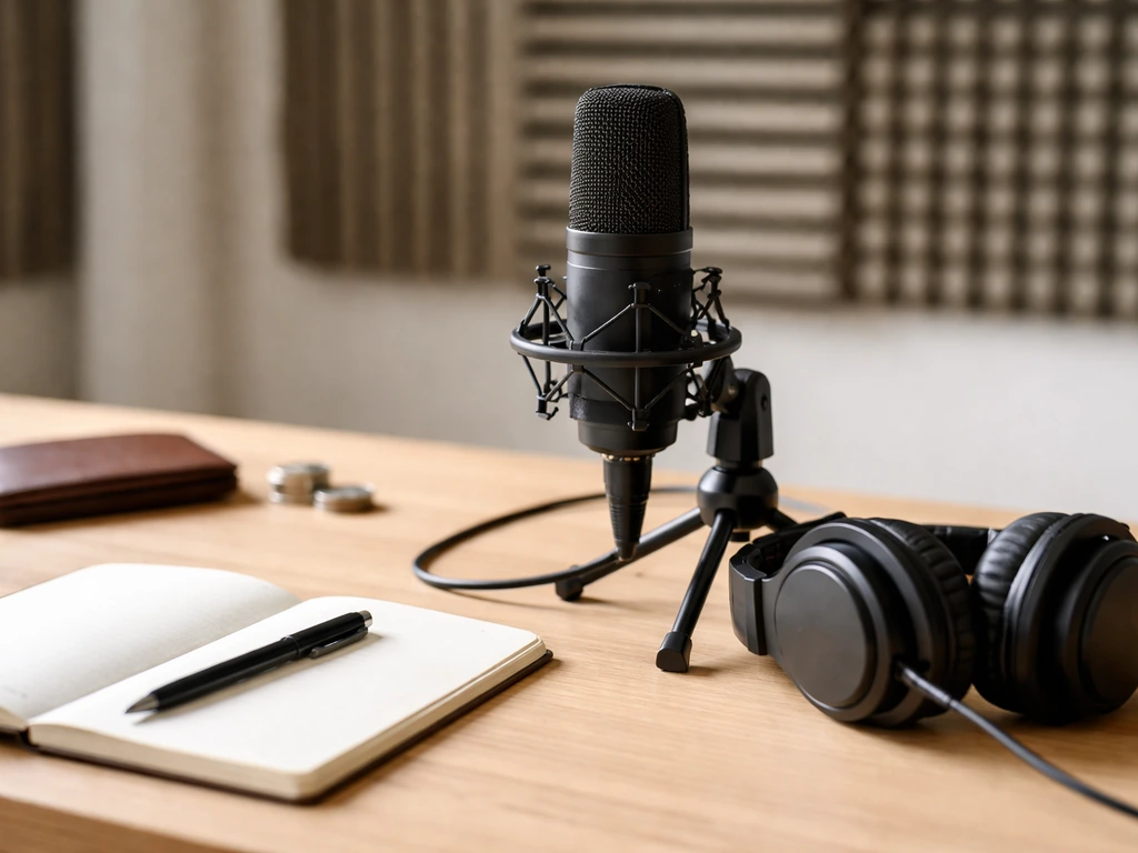 Minimal studio desk scene symbolizing an actor/voice career and money topics